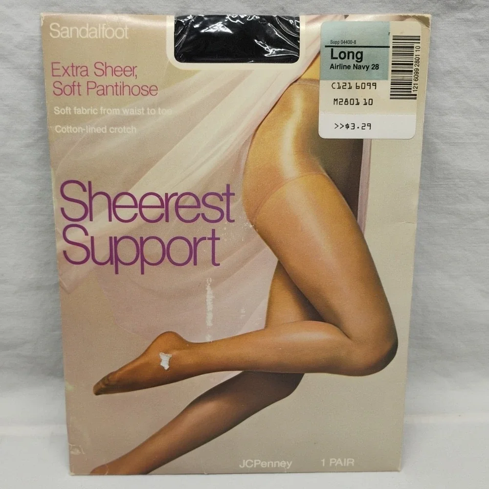 JcPenney‎ 80s Long Airline Navy 28 Sheerest Support Pantyhose Sandalfoot